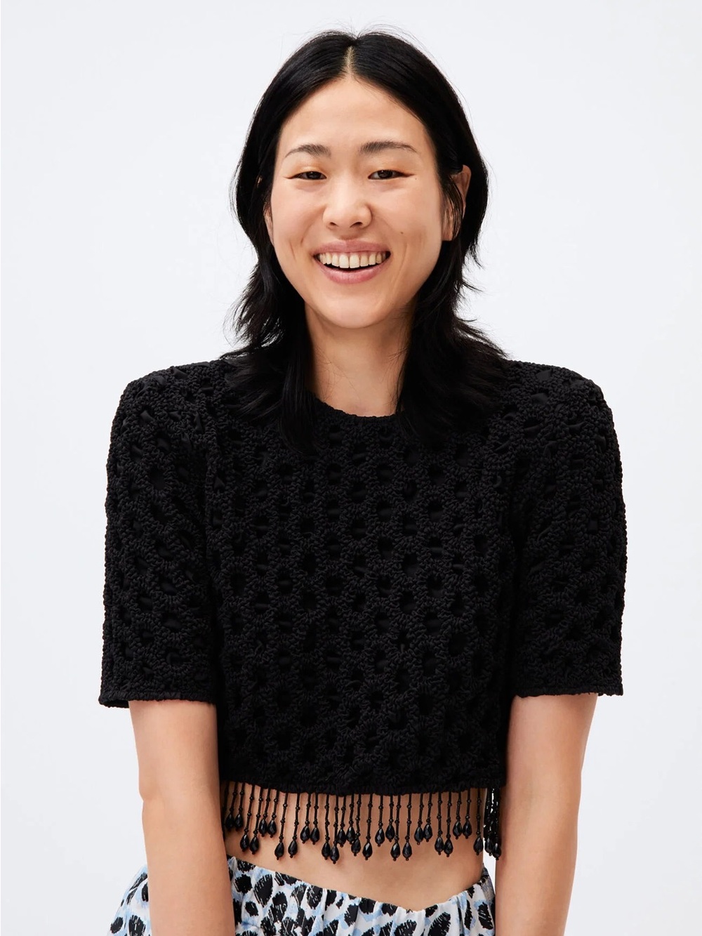 Ganni Black Cropped Crochet Top with Beaded Fringe